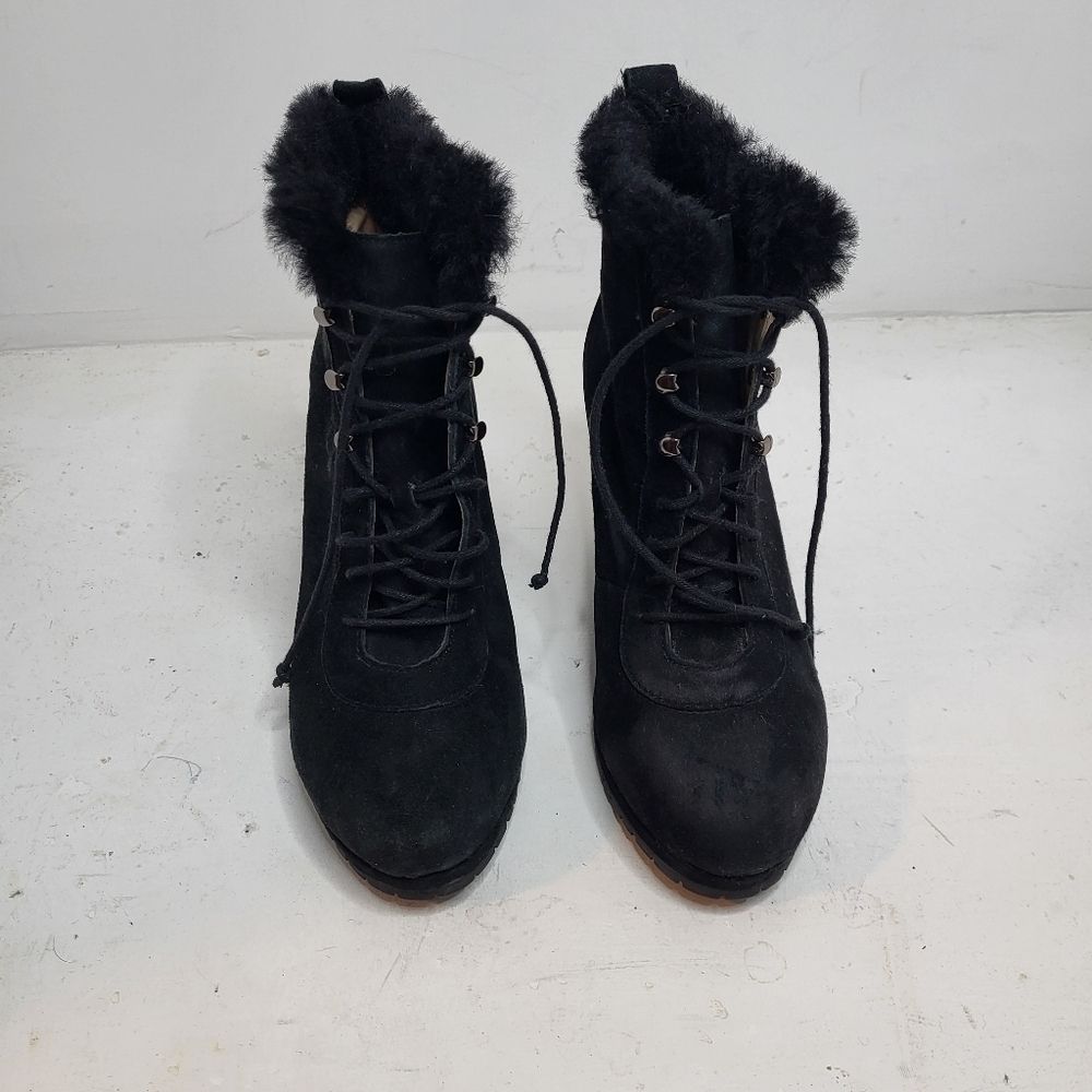 LK Bennett Suede Leather Lace Up Faux Fur Ankle Wedge Boots Black Size 8